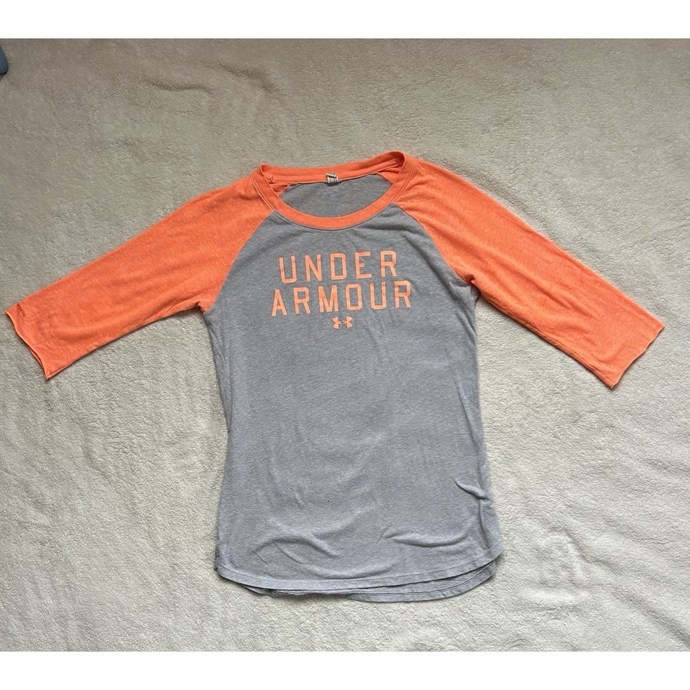 Under Armour Womens Charged Cotton Raglan 3/4 Sleeve Baseball Tee Grey Orange
